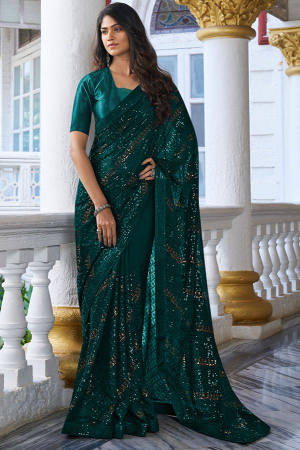 Bottle Green Georgette Embroidered Sequins Embroidered Saree