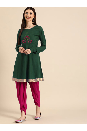 Bottle Green Rayon Embroidered Kurti with Bottom