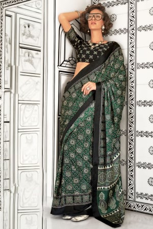 Bottle Green Satin Crepe Digital Printed Saree