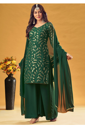 Bottle Green Sequins Embroidered Georgette Palazzo Kameez