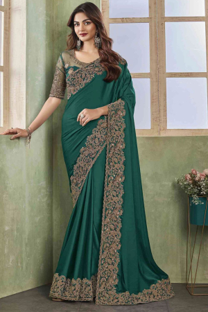 Bottle Green Silk Saree with Embroidered Blouse