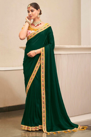 Bottle Green Silk Saree with Embroidered Blouse