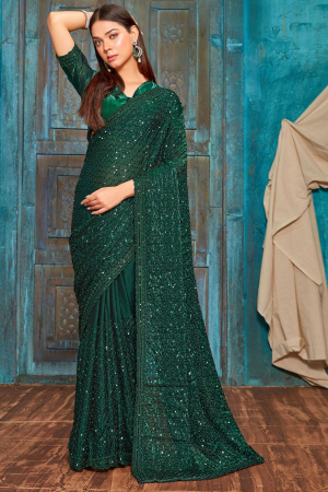 Bottle Green Silk Sequins Work Saree for Party 