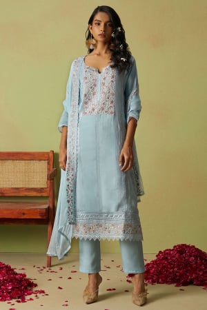 Breeze Blue Embroidered Pure Organza Pant Kameez