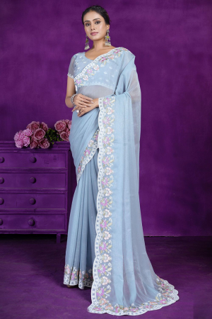Breeze Blue Embroidered Silk Shimmer Saree