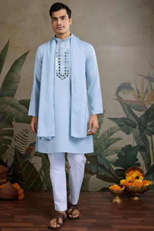 Breeze Blue Mirror Embellished Kurta with Dupatta