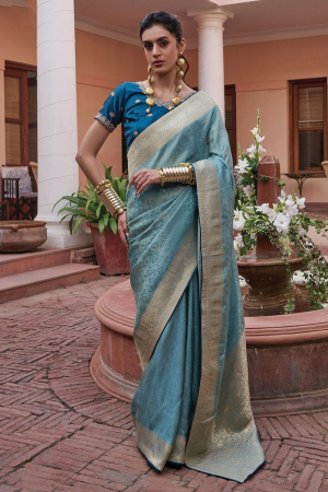 Breeze Blue Viscose Saree with Embroidered Blouse