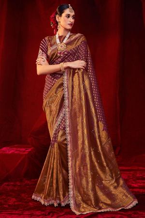 Bronze and Wine Silk Saree with Embroidered Blouse