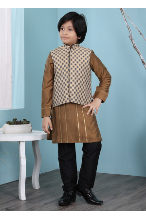 Brown Cotton Silk Kurta Pyjama Set with Jacket