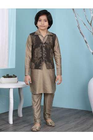 Brown Cotton Silk Kurta Pyjama Set with Jacket