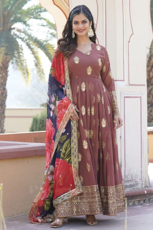 Brown Embroidered Faux Georgette Gown with Dupatta