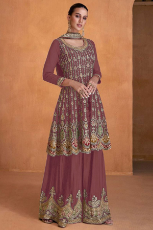 Brown Embroidered Faux Georgette Palazzo Kameez