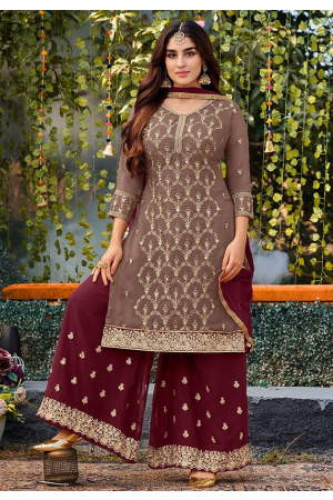 Brown Embroidered Georgette Palazzo Kameez