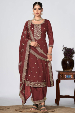 Brown Embroidered Silk Trouser Kameez