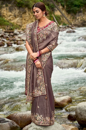 Brown Heavy Embroidered Saree