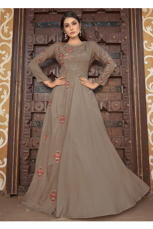Brown Heavy Muslin Embroidered Gown