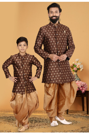 Brown Jacquard Silk Father Son Indo Western Combo