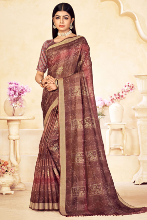 Brown Linen Silk Digital Printed Saree