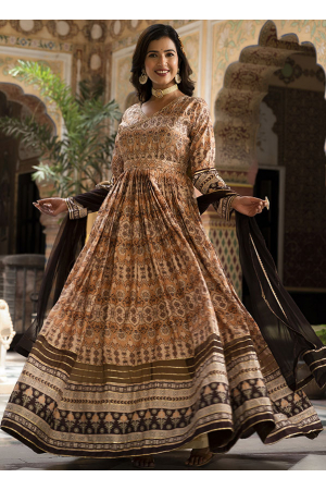 Brown Pure Dola Silk Gown with Dupatta