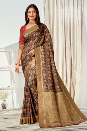 Brown Tussar Silk Digital Printed Saree