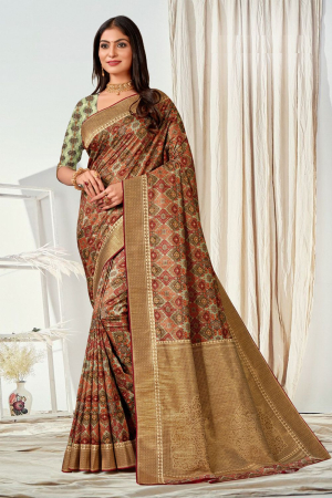 Brown Tussar Silk Digital Printed Saree