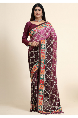 Burgundy and Old Rose Embroidered Chinnon Silk Saree