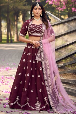 Burgundy Art Silk Embroidered Lehenga Choli for Wedding