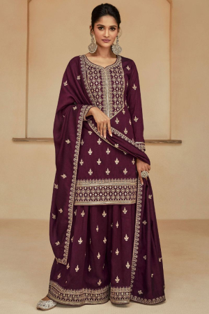 Burgundy Brown Embroidered Silk Palazzo Kameez for Ceremonial