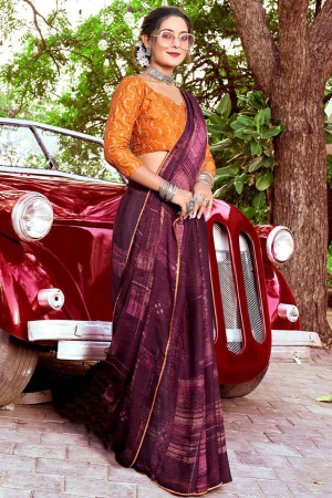 Burgundy Crepe Saree with Embroidered Blouse
