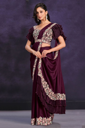 Burgundy Crepe Satin Silk Designer Ready to Wear Saree