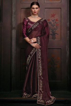 Burgundy Embellished Silk Designer Saree for Wedding