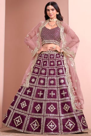 Burgundy Embroidered Art Silk Lehenga Choli with Net Dupatta