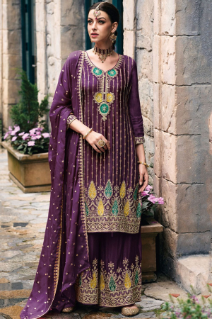 Burgundy Embroidered Chinnon Palazzo Kameez for Festival