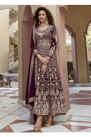 Burgundy Embroidered Faux Georgette Anarkali Suit
