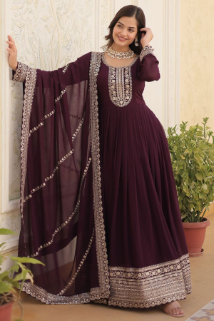 Burgundy Embroidered Faux Georgette Gown with Dupatta