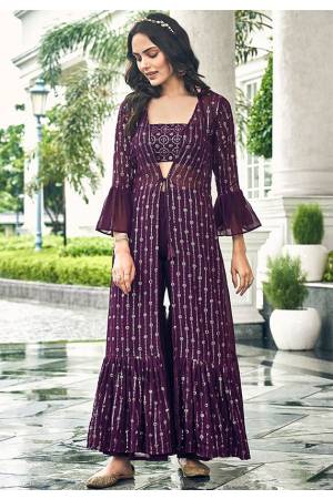 Burgundy Embroidered Faux Georgette IndoWestern
