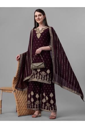 Burgundy Embroidered Faux Georgette Palazzo Kameez