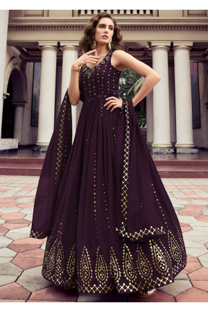 Burgundy Embroidered Georgette Gown with Dupatta