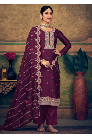 Burgundy Embroidered Pure Silk Trouser Kameez