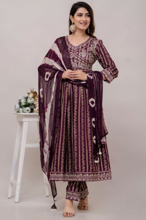 Burgundy Embroidered Rayon Cotton Readymade Suit