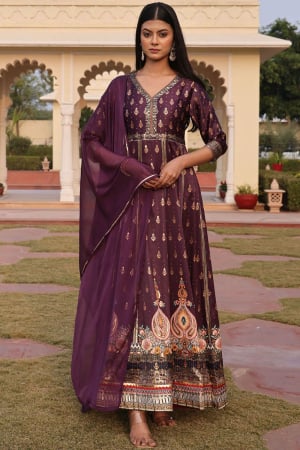 Burgundy Embroidered Satin Silk Anarkali Suit