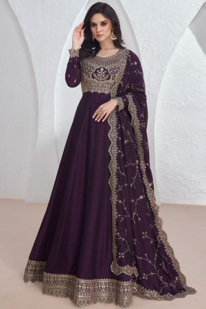 Burgundy Embroidered Silk Anarkali Gown with Dupatta for Festival