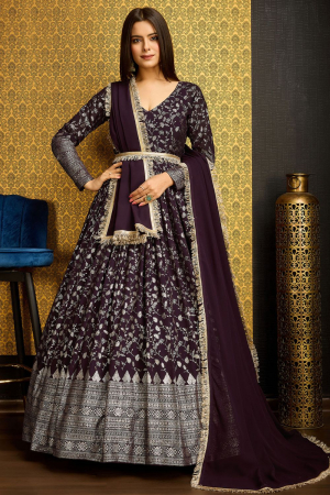 Burgundy Faux Georgette Flared Anarkali Gown with Dupatta