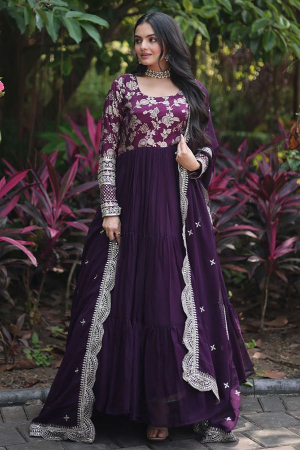Burgundy Flared Faux Georgette Gown with Dupatta