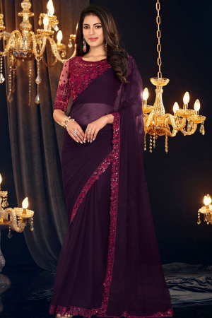 Burgundy Georgette Zari Shimmer Saree with Embroidered Blouse