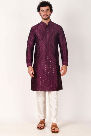 Burgundy Mirror Work Art Silk Kurta Set