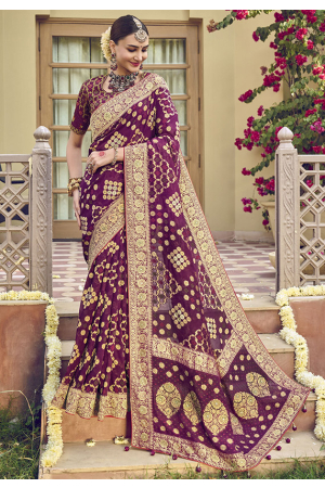 Burgundy Pure Georgette Viscose Saree with Double Blouse