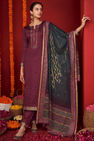 Burgundy Pure Viscose Satin Embroidered Suit