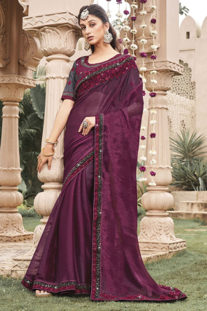 Burgundy Shimmer Saree with Embroidered Blouse