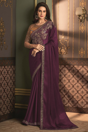 Burgundy Silk Saree with Embroidered Blouse